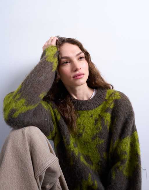 Topshop – Strickpullover in Grün mit verschwommenem Blumenmuster, 4 von 4