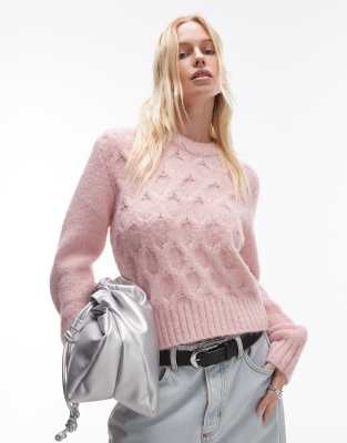 Topshop - Strickpullover in Hellrosa mit Zopfstrickmuster