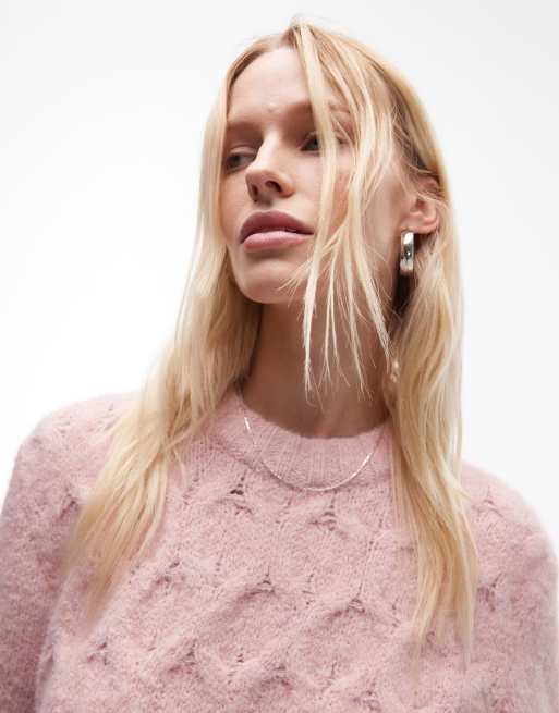 Topshop – Strickpullover in Hellrosa mit Zopfstrickmuster, 2 von 4