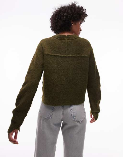 Topshop – Strickpullover in Khaki mit Sichtnaht und Rundhalsausschnitt, 2 von 4