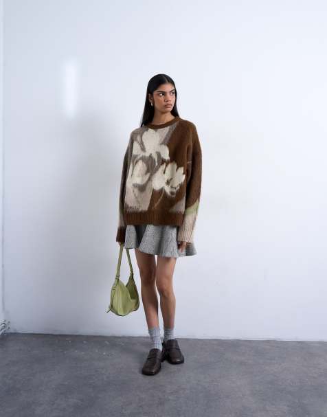 Topshop – Strickpullover in neutralem Farbton mit verschwommenem Blumenmuster - view 1