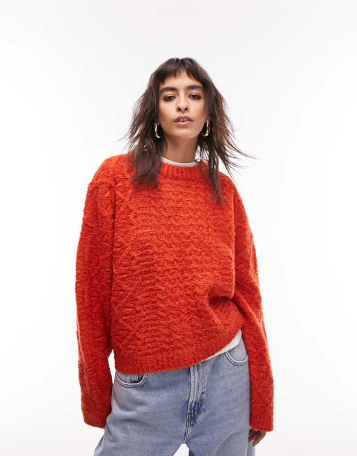 Topshop – Strickpullover in Orange mit Zopfmuster und Rundhalsausschnitt