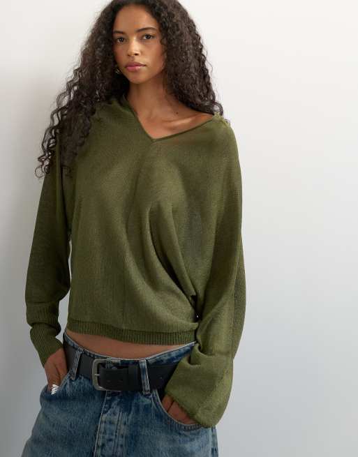 Topshop Strickpullover mit lockerer Passform, Feinstrick und Fledermausärmeln in Khaki, 3 von 4