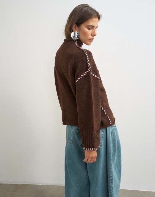 Topshop Strickpullover mit Rollkante und Überwendlichstich in Pecan, 3 von 4