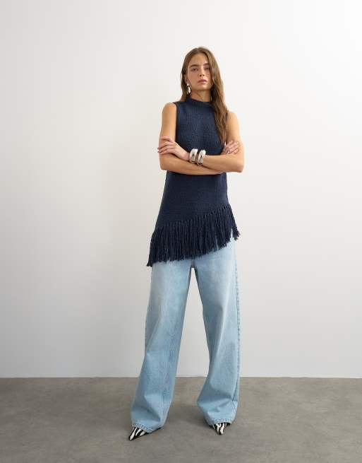 Topshop strikket asymmetrisk tunika med frynser i navy, 2 af 4