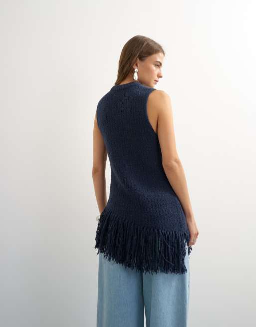 Topshop strikket asymmetrisk tunika med frynser i navy, 4 af 4