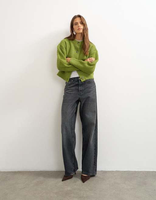 Topshop strikket boxy cardigan med dyb rib i grøn, 2 af 4