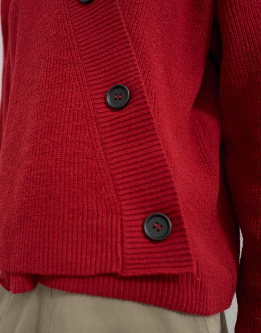 Topshop strikket cardigan med asymmetrisk knapstolpe i rød, 2 af 4