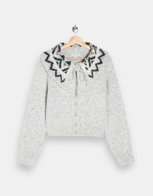 Topshop - Strikket cardigan med Fair Isle-krave i grå, 3 af 4