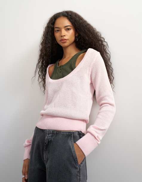 Topshop strikket dobbeltlags henley-vesttrøje i khaki og pink - view 1