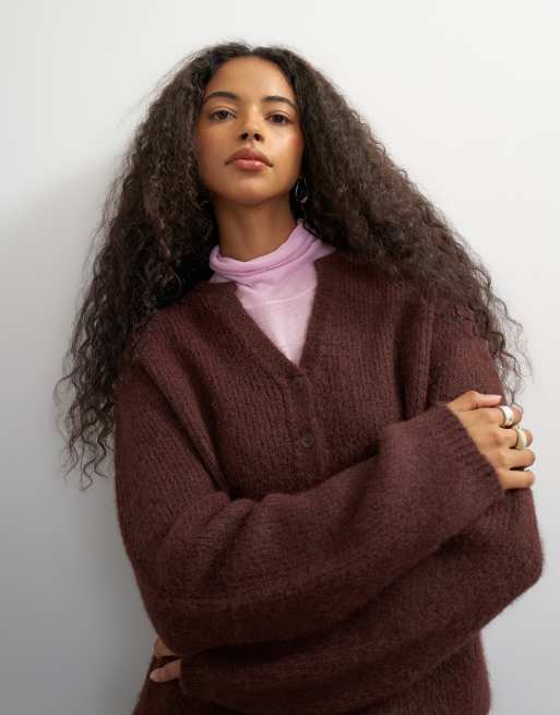Topshop strikket fluffy cardigan med eyelash-effekt i chokolade, 4 af 4
