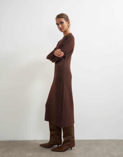 Topshop strikket fluffy maxikjole med batwing-ærmer i brun, 3 af 4