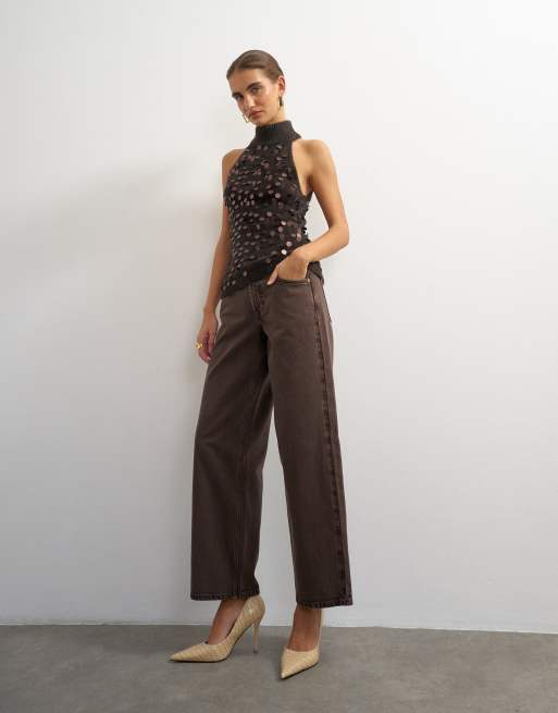 Topshop strikket halterneck-top med pailletter i chokoladebrun, 2 af 4