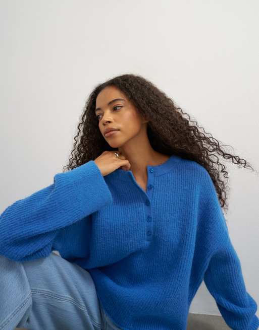 Topshop strikket Henley-striktrøje i koboltblå, 3 af 4