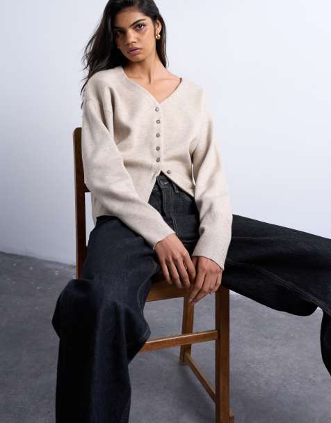 Topshop - Strikket, lang og beige cardigan med V-hals og indsyet talje - view 1