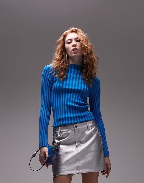 Topshop - Strikket langærmet top med striber og ståkrave i blå - view 1