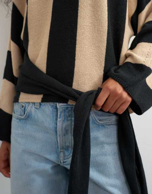 Topshop strikket langærmet trøje med bindefront i monokrom stribe, 2 af 4