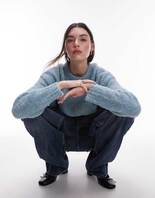 Topshop - Strikket lyseblå trøje med firkantet pasform i bouclé, 2 af 4