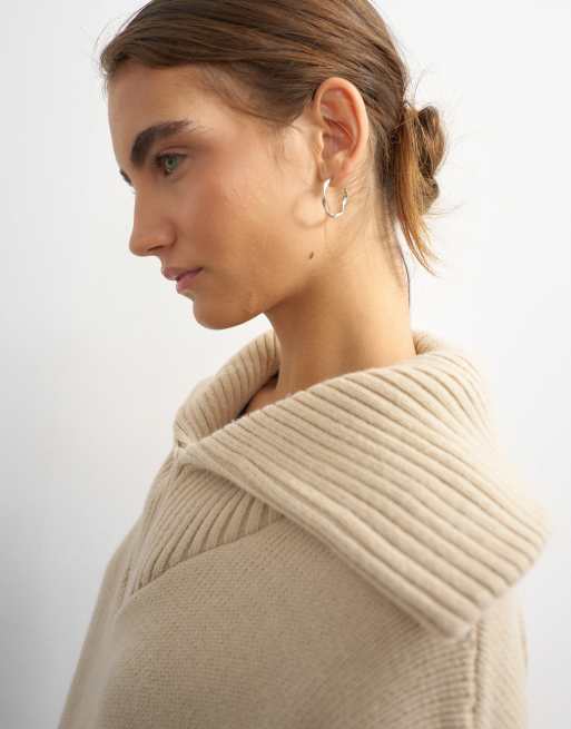 Topshop strikket minikjole med åben krave i oat, 2 af 4