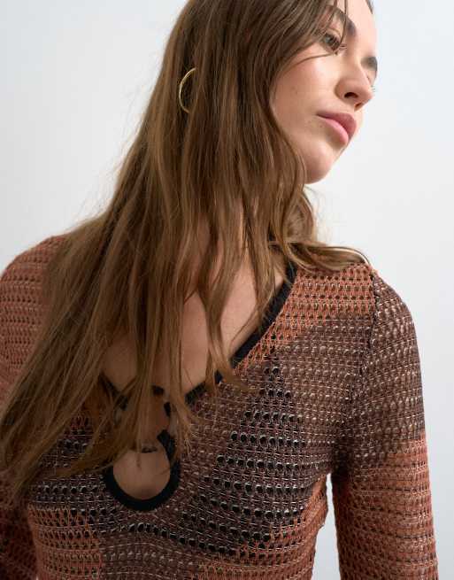 Topshop - Strikket mørkorange maxikjole med lange ærmer i abstrakt mesh, 3 af 4