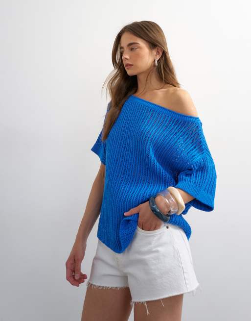 Topshop - Strikket og hæklet blå offshoulder-top med draperinger, 4 af 4