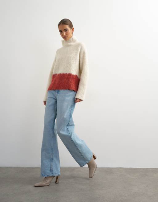 Topshop strikket oversized striktrøje med høj hals og abstrakt print i ivory og rød, 3 af 4