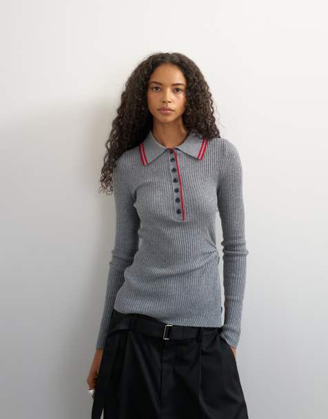 Topshop strikket polo-top med sidesnoning og uld i grå - view 1