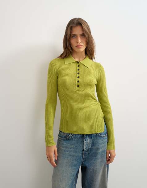Topshop strikket poloshirt med sidelæg og uld i lime - view 1