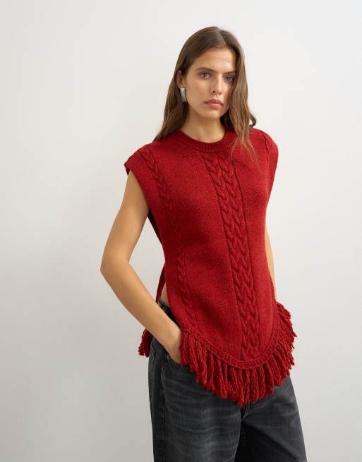 Topshop strikket poncho med frynser i rød, 4 af 4