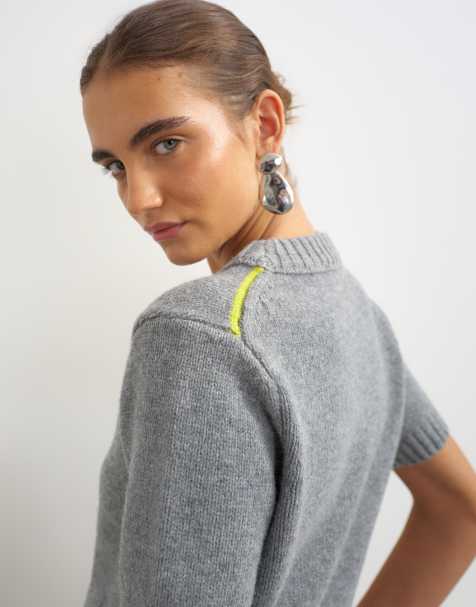 Topshop strikket premium T-shirt i lammeuld med korte ærmer og rund hals, grå med limekant - view 1