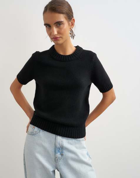 Topshop strikket premium T-shirt med rund hals i 100 % lammeuld med lilla kontrastkanter - view 1