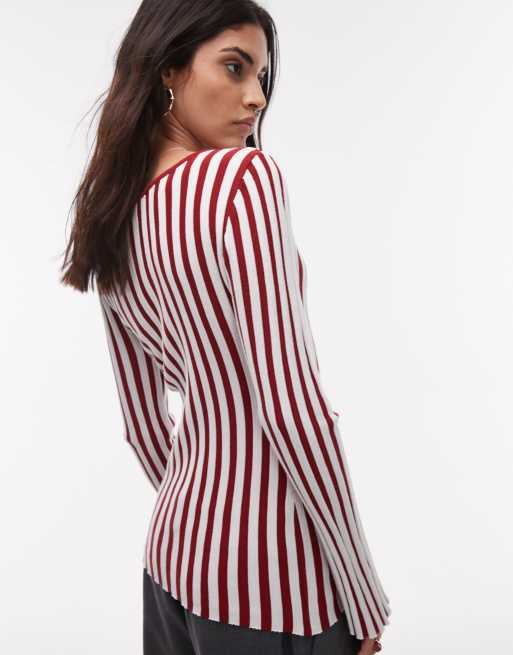 Topshop - Strikket top med bred halsudskæring og røde/hvide striber, 2 af 4
