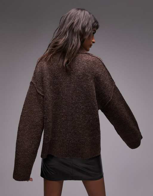 Topshop - Strikket trøje med V-hals og krave i mørkebrun, 4 af 4