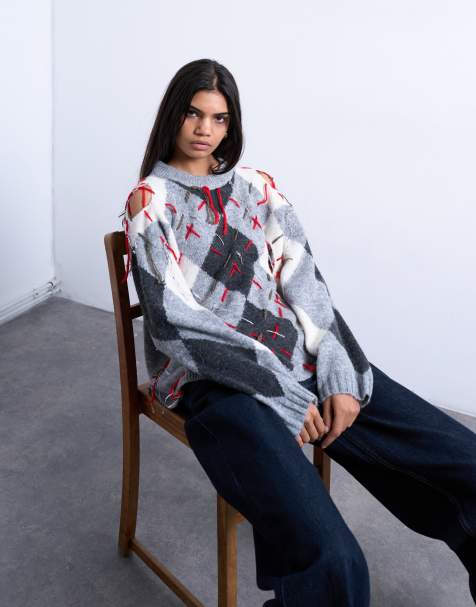 Topshop - Striktrøje med argyle-tern og sliddetaljer - view 1