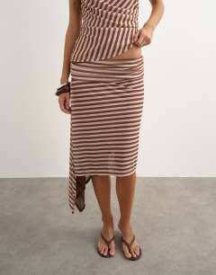 Model wearing Stripe asymmetric skirt in brown