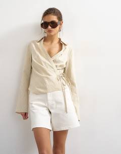 Stripe asymmetric wrap tie shirt in beige