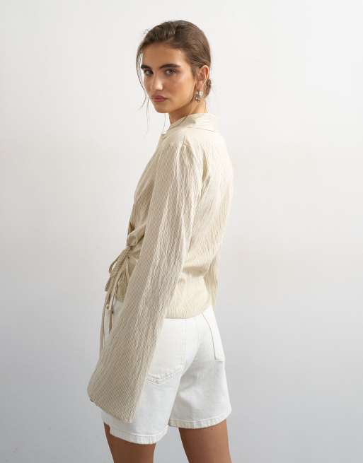 Topshop stripe asymmetric wrap tie shirt in beige, 4 of 4
