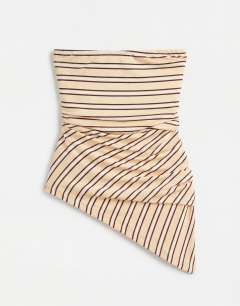 Model wearing Stripe bandeau ruched side asymmetric hem in yellow