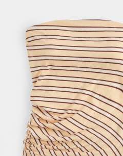Model wearing Stripe bandeau ruched side asymmetric hem in yellow
