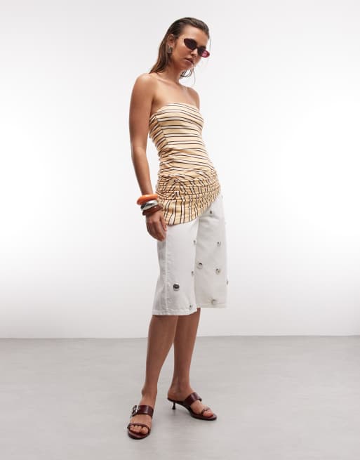 Topshop stripe bandeau ruched side asymmetric hem top in yellow, 4 of 7