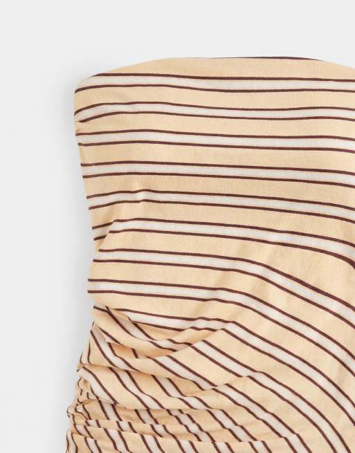 Topshop stripe bandeau ruched side asymmetric hem top in yellow, 7 of 7