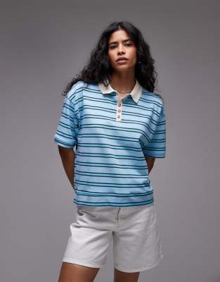 Topshop stripe boxy polo in turquoise - view 1