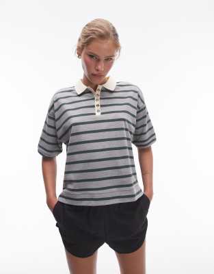 stripe boxy polo tee in charcoal-Gray