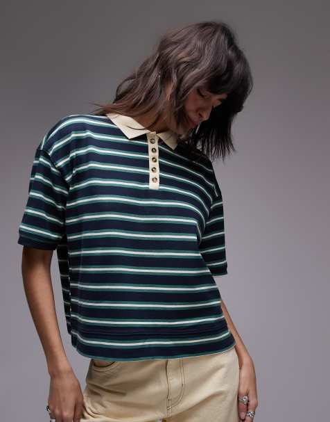 Topshop stripe boxy short sleeve polo in navy