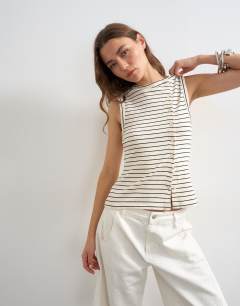 Stripe button through vest in ivory and black