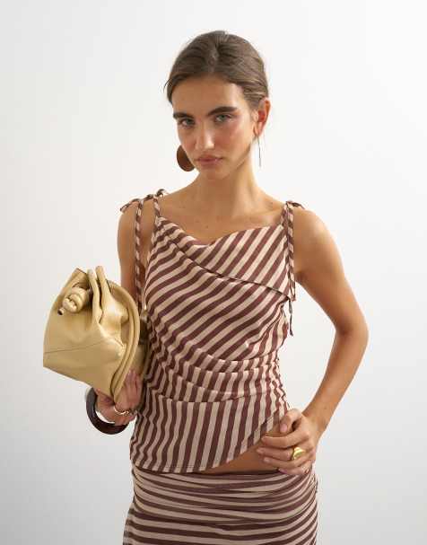 Topshop stripe cami tie detail top in brown - view 1