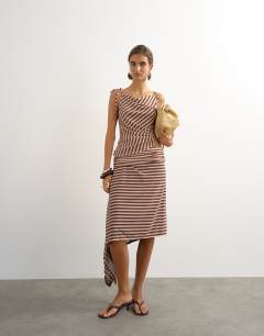 Model wearing Stripe cami tie detail top in brown