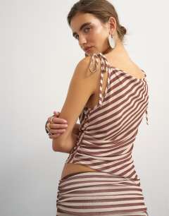 Model wearing Stripe cami tie detail top in brown