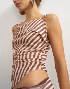 Model wearing Stripe cami tie detail top in brown