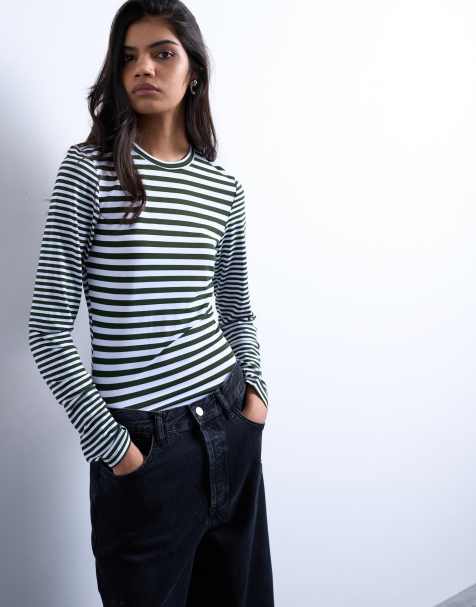 Topshop stripe contrast back long sleeve top in khaki - view 1